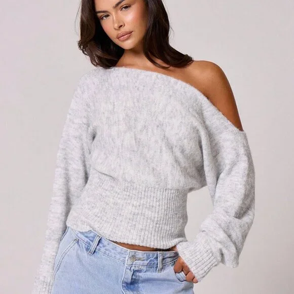 Grey Casual Women's Knit Asymmetrical Shoulder Cinched Waist Sweater Top - Picture 1 of 5